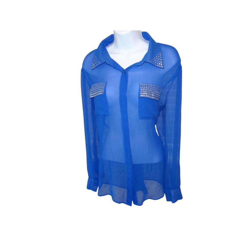 Stylish Sheer Blue Button-Up Shirt with Studded Pockets